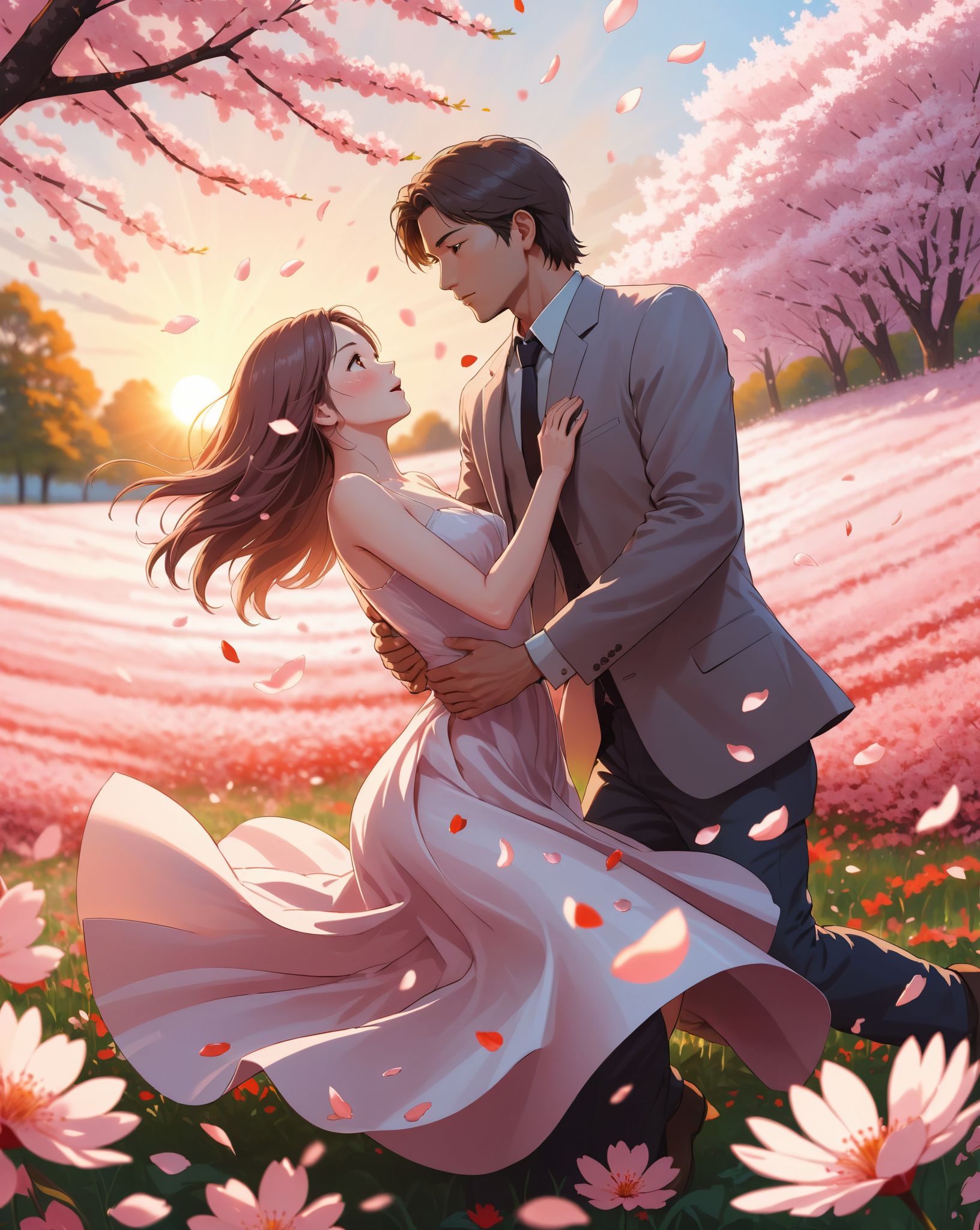 03557-3673470557-A very beautiful woman with a man in the rays of the setting sun on a flower field, falling sakura petals, ultra detailed, the c.png